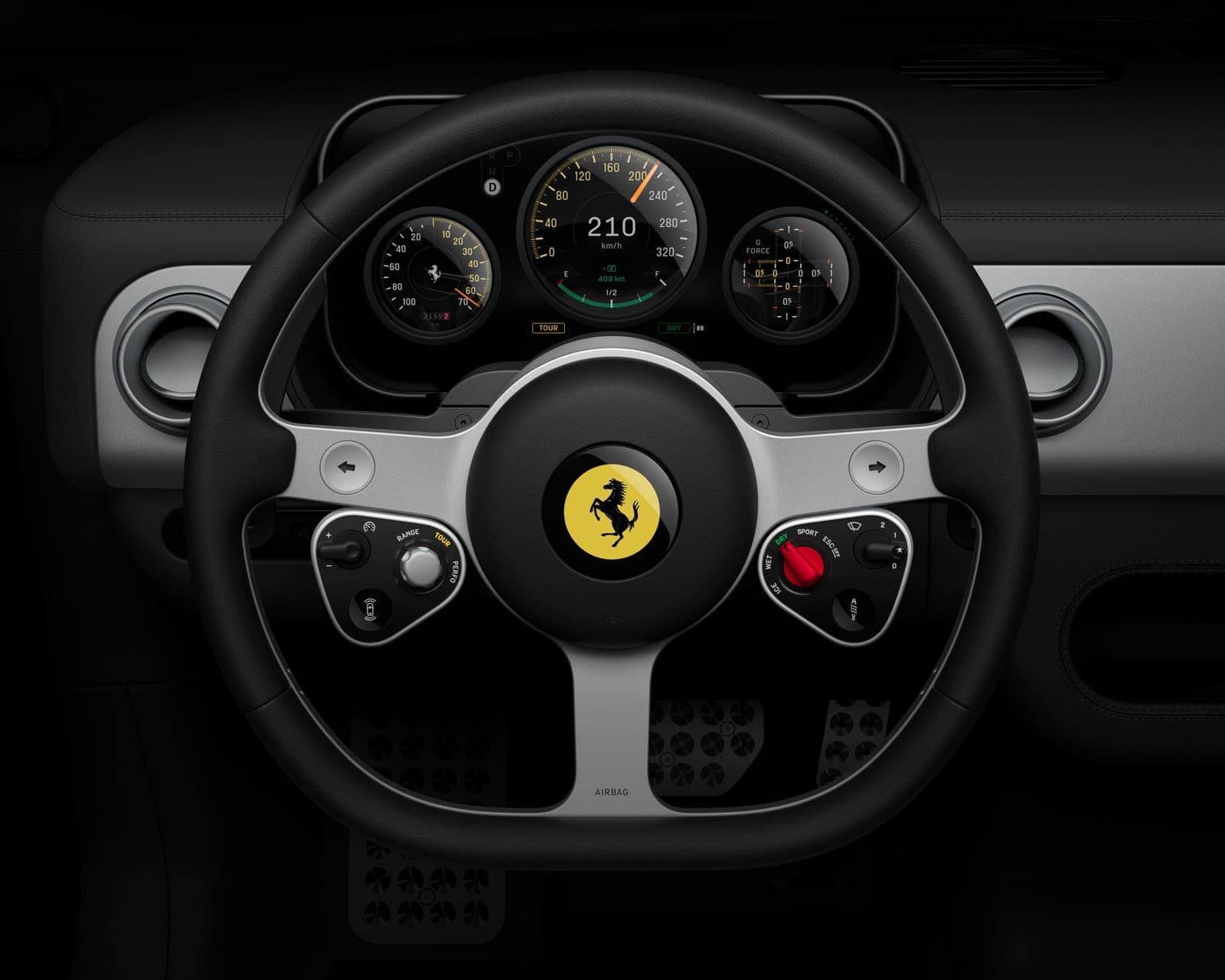 The cabin keeps physical aluminium toggles and three round, analogue-style gauges alongside the digital displays.